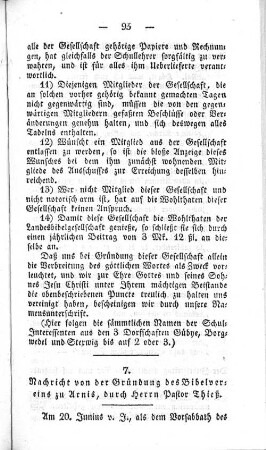 7. Nachricht von der Gründung des Bibelvereins zu Arnis, durch Herrn Pastor Thieß.