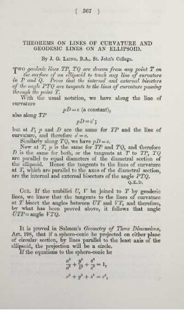 Theorems on lines of curvature and geodesic lines on an ellipsoid.