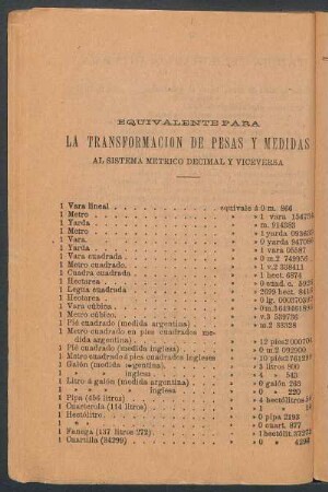 Equivalente para la transformación de pesas y medidas al sistema métrico decimal y viceversa