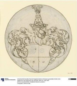 Runde Wappenscheibe mit leerem gevierteten Schild, eine Spitzkrone mit Federbusch als Helmzier