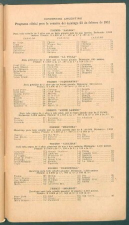 Hipódromo Argentino - Programa oficial para la reunión del domingo 23 de febrero de 1913