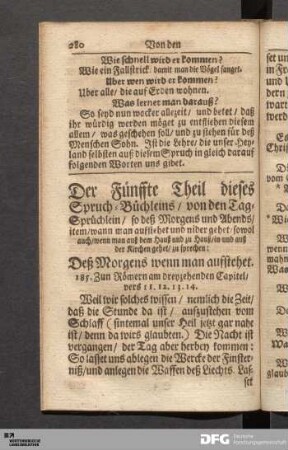 Der Fünffte Theil dieses Spruch-Büchleins / von den Tag-Sprüchlein / so deß Morgens und Abends / ...