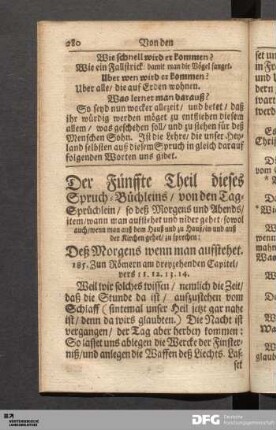 Der Fünffte Theil dieses Spruch-Büchleins / von den Tag-Sprüchlein / so deß Morgens und Abends / ...