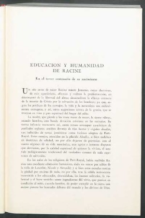 Educación y humanidad de Racine : En el tercer centenario de su nacimiento