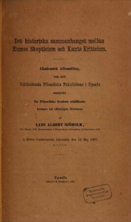 Det historiska sammanhanget mellan Humes Skepticism och Kants Kriticism : akademisk afhandling