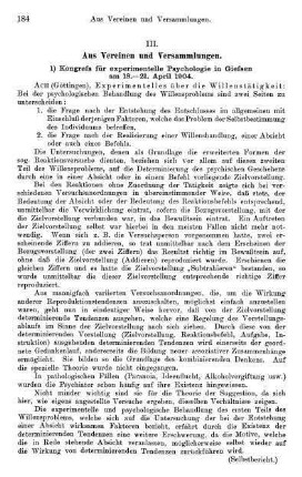 184-187, Kongreß für experimentelle Psychologie in Gießen am 18.-20. April 1904