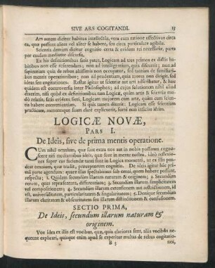 Logicae Novae, Pars I. De Ideis, sive de prima mentis operatione.