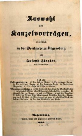 Auswahl von Kanzelvorträgen : abgehalten in der Domkirche zu Regensburg