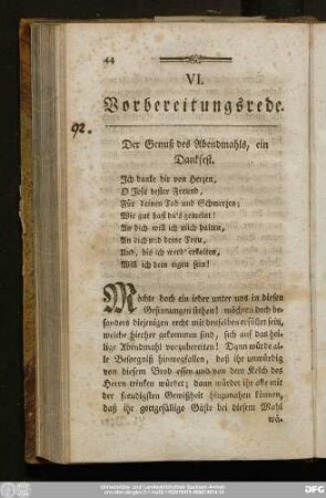 VI. Vorbereitungsrede. Der Genuß des Abendmahls, ein Dankfest.
