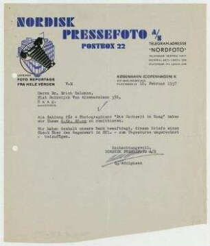 Brief von Nordisk Pressefoto, Kopenhagen an Erich Salomon