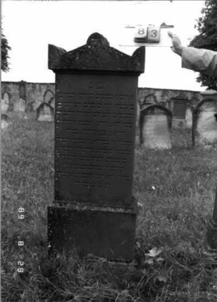 Grabstein 83 (Index: 100108200) Material: roter Sandstein Zustand: leicht verwittert Maße HxBxT: 170x62x30 cm Beschreibung: Stele mit Giebelaufsatz, Seitenakroterien und Mittelpalmette, getreppter Sockel: Grabstein 83