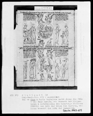 Armenbibel — Bildseite mit zwei Gruppen von typologischen Szenen, Folio 4verso