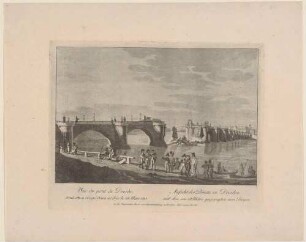 Die durch französische Truppen am 19. März 1813 gesprengte Elbbrücke (alte Augustusbrücke) in Dresden bei der Ankunft des russischen Parlamentärs am 21. März