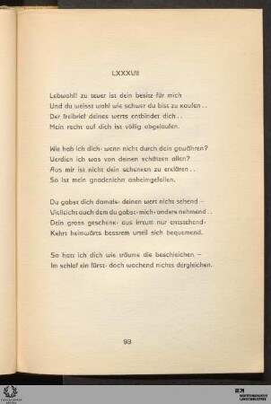 LXXXVII: Lebwohl! zu teuer ist dein besitz für mich