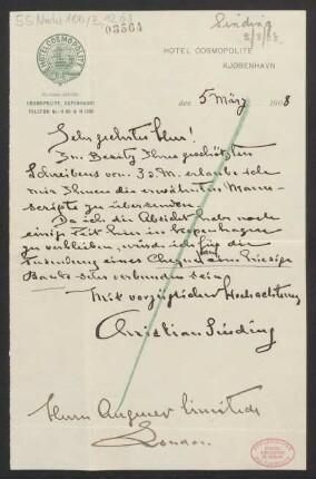 Brief an Augener Ltd. <London> : 05.03.1908