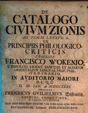 De catalogo civium Zionis, ad Psalm. LXXXVII. 6.