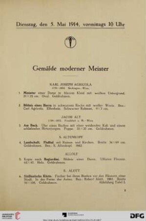 Dienstag, vormittags 10 Uhr. Gemälde moderner Meister (Nr. 1-171)