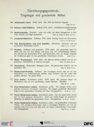 Einrichtungsgegenstände. Eingelegte und geschnitzte Möbel (Nr. 768-842)