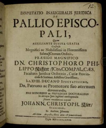 Disputatio Inauguralis Iuridica De Pallio Episcopali