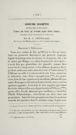 Géométrie descriptive. Lettre sur le problème: Trouver une droite qui rencontre quatre droites données [...]