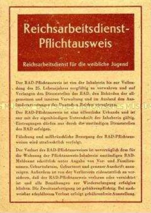 Pflichtausweis des Reichsarbeitsdienstes für Elisabeth Lüthen
