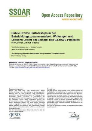 Public Private Partnerships in der Entwicklungszusammenarbeit: Wirkungen und Lessons Learnt am Beispiel des GTZ/AVE Projektes