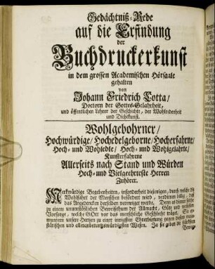 Gedächtniß-Rede auf die Erfindung der Buchdruckerkunst ...
