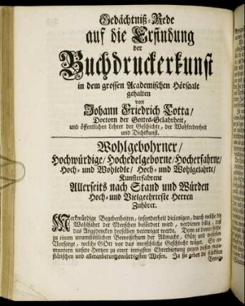 Gedächtniß-Rede auf die Erfindung der Buchdruckerkunst ...