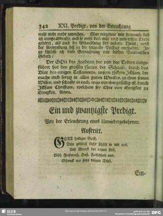 Ein und zwantzigste Predigt. Von der Erleuchtung eines Unwiedergebohrnen