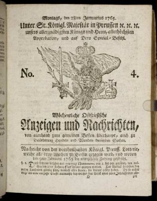 No. 4. Montags, den 28ten Januarius 1765.