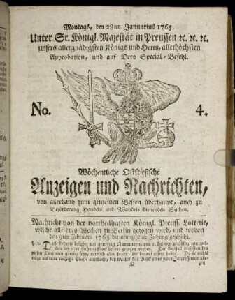 No. 4. Montags, den 28ten Januarius 1765.
