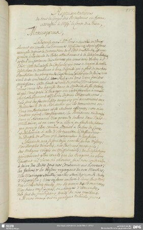 S. 177-182. Representations de tout le Corps des Protestans en France addressées à Msg. le Comte de Saxe.