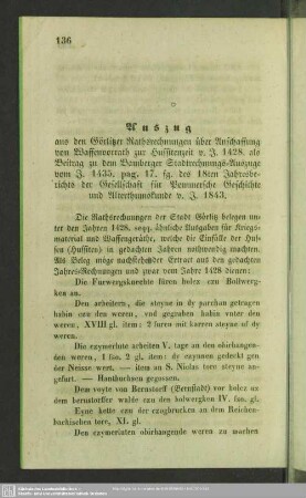 Auszug aus den Görlitzer Rathsrechnungen über Anschaffung von Waffenvorrath zur Hussitenzeit v. J. 1428. als Beitrag zu dem Bamberger Stadtrechnungs-Auszuge vom J. 1435. pag. 17 fg. des 18ten Jahresberichts der Gesellschaft für Pommersche Geschichte und Alterthumskinde v. J. 1843