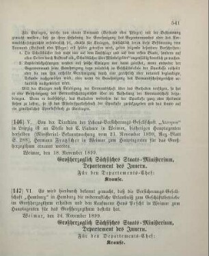 147. Ministerial-Bekanntmachung, betreffend Zulassung der Versicherungs-Gesellschaft "Hamburg" in Hamburg zum Geschäftsbetrieb im Großherzogthum
