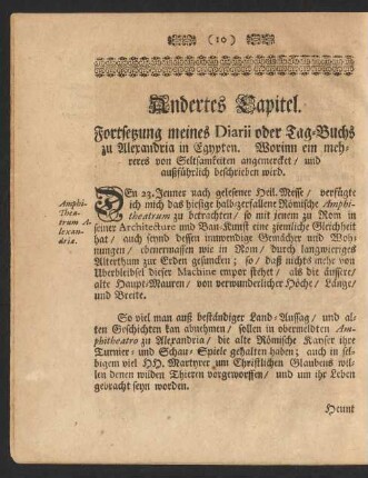 Andertes Capitel. Fortsetzung meines Diarii oder Tag-Buchs zu Alexandria in Egypten ...