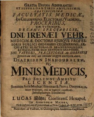... Diatriben Inauguralem, De Minis Medicis