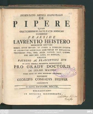 Dissertatio Medica Inavgvralis De Pipere : D. XXVII. Septembr. MDCCXL.