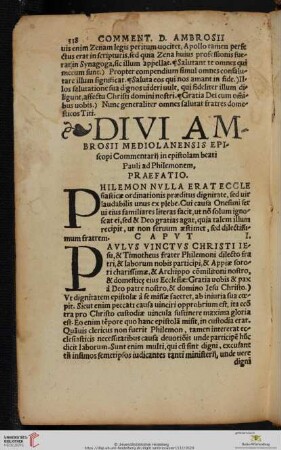 Divi Ambrosii Mediolanensis Episcopi Commentarij in epistolam beati Pauli ad Philemonem