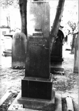 Grabstein 694 (Index: 99630196) Material: geschliffener Granit Zustand: gut Maße HxBxT: 190x65x56 cm Beschreibung: Obelisk auf getrepptem Sockel: Grabstein 694