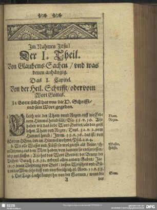 Der I. Theil. Von Glaubens-Sachen, und was denen anhängig