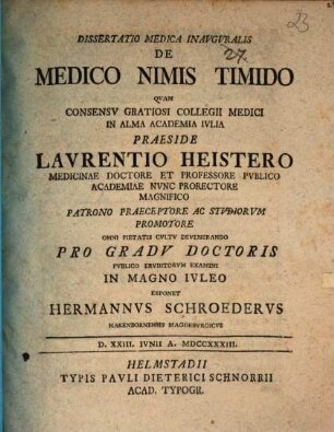 Dissertatio Medica Inavgvralis De Medico Nimis Timido