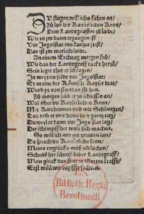 ZV singen will ichs fahen an/ || Zu lob der Kayserlichen Kron/ ||