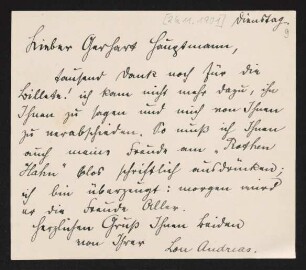 Brief von Lou Andreas-Salomé an Gerhart Hauptmann