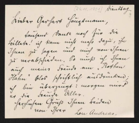 Brief von Lou Andreas-Salomé an Gerhart Hauptmann