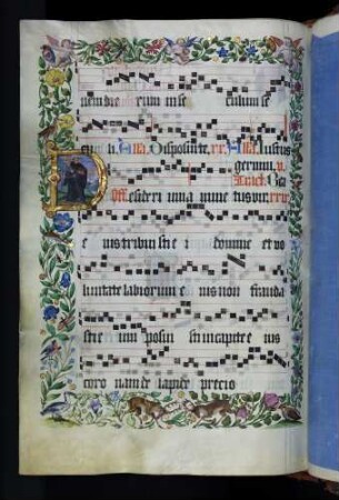 Zierseite mit Bordürenrahmen, historisierte Initiale: D(esideri): heiliger Benedikt