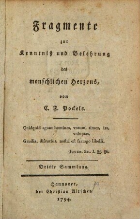 Fragmente zur Kenntniß und Belehrung des menschlichen Herzens, Dritte Sammlung