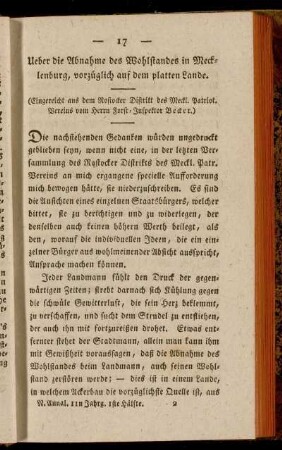Ueber die Abnahme des Wohlstandes in Mecklenburg, vorzüglich auf dem platten Lande