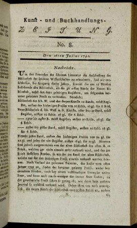 Kunst- und Buchhandlungs-Zeitung. No. 8. Den 16ten Julius 1790.