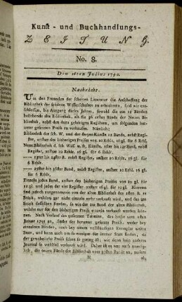 Kunst- und Buchhandlungs-Zeitung. No. 8. Den 16ten Julius 1790.