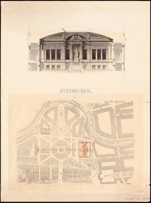 Reichstag, Berlin Erster Wettbewerb: Bild 1: Querschnitt durch den Sitzungssaal, Bild 2: Lageplan